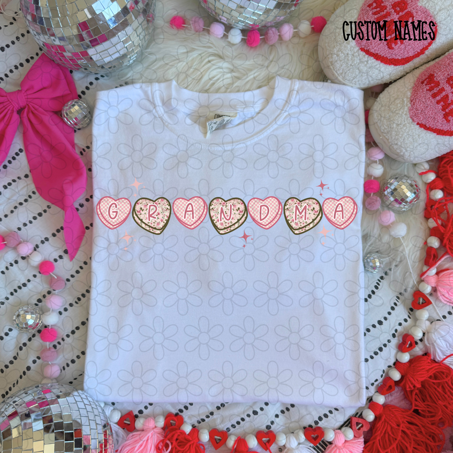 Valentine Checkered Floral Hearts Custom Name Completed Tee