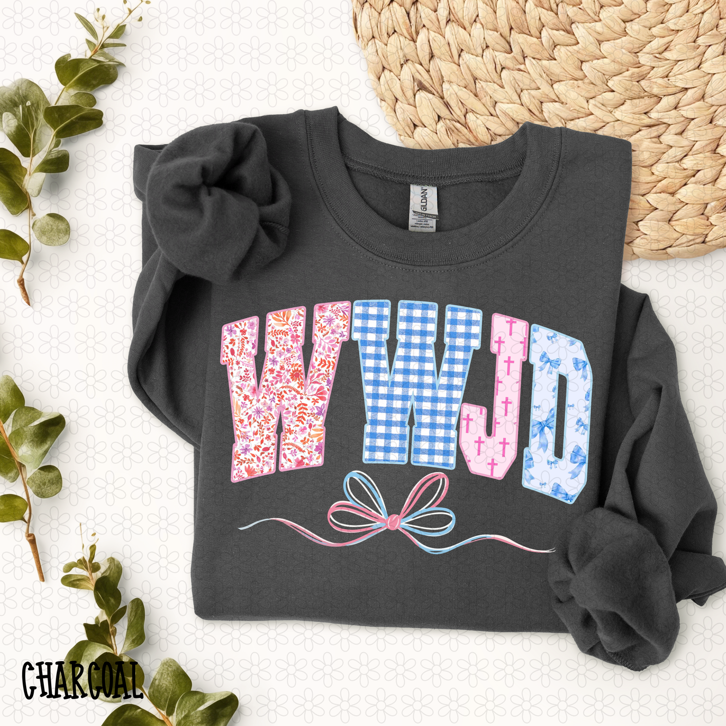 Pink Blue Floral Gingham Cross Bows WWJD  DTF Transfer