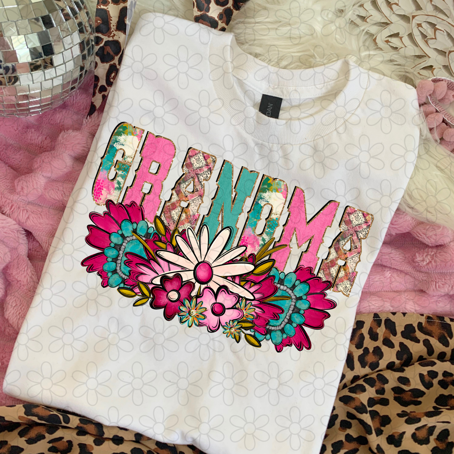 Pink Turquoise Flowers Name (Multiple Options) Completed Tee