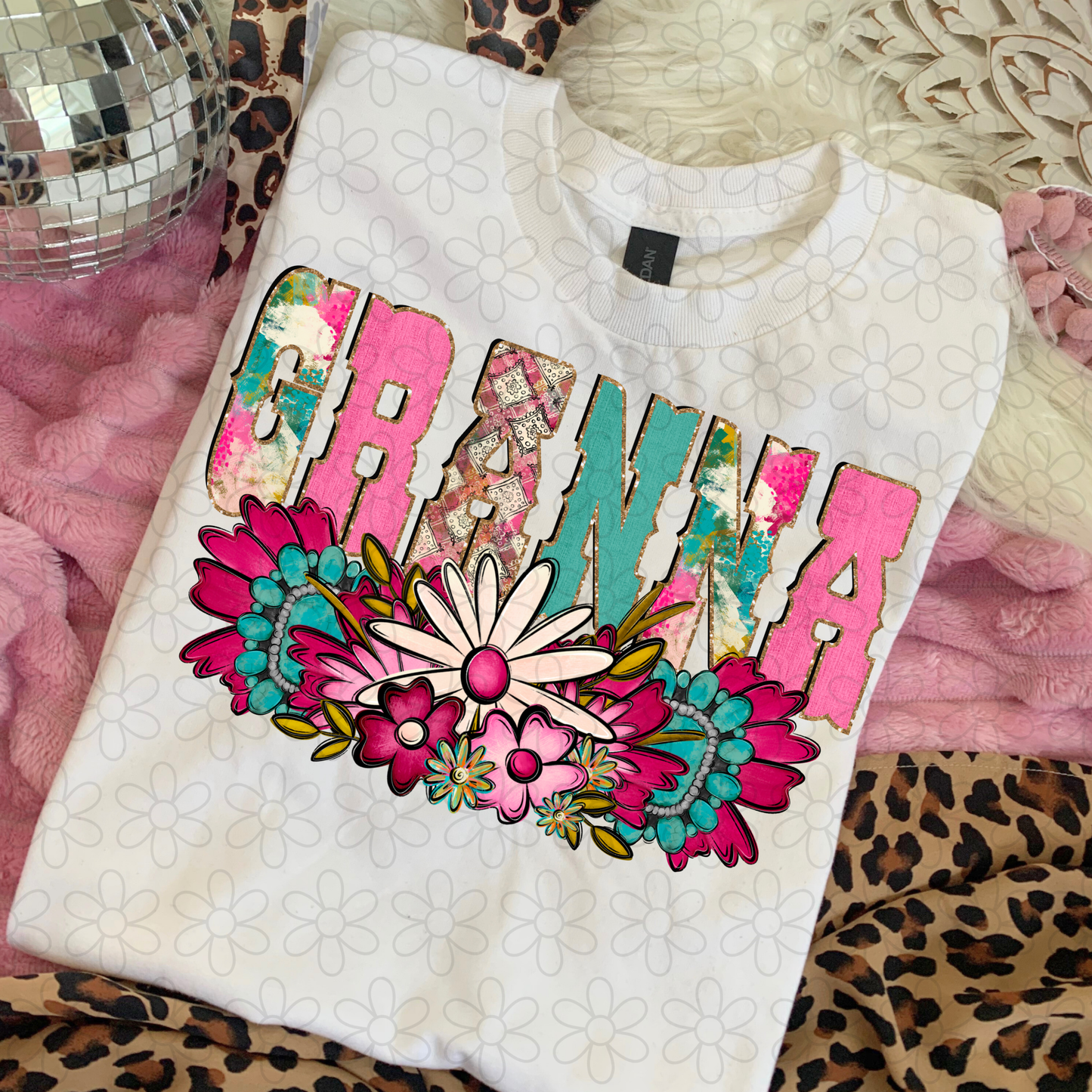 Pink Turquoise Flowers Name (Multiple Options) Completed Tee