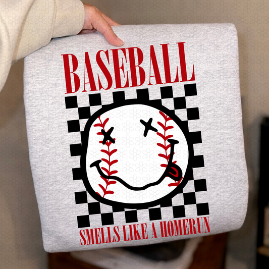 Smiley Baseball Smells Like A Homerun Completed Tee