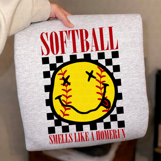Smiley Softball Smells Like A Homerun Completed Tee