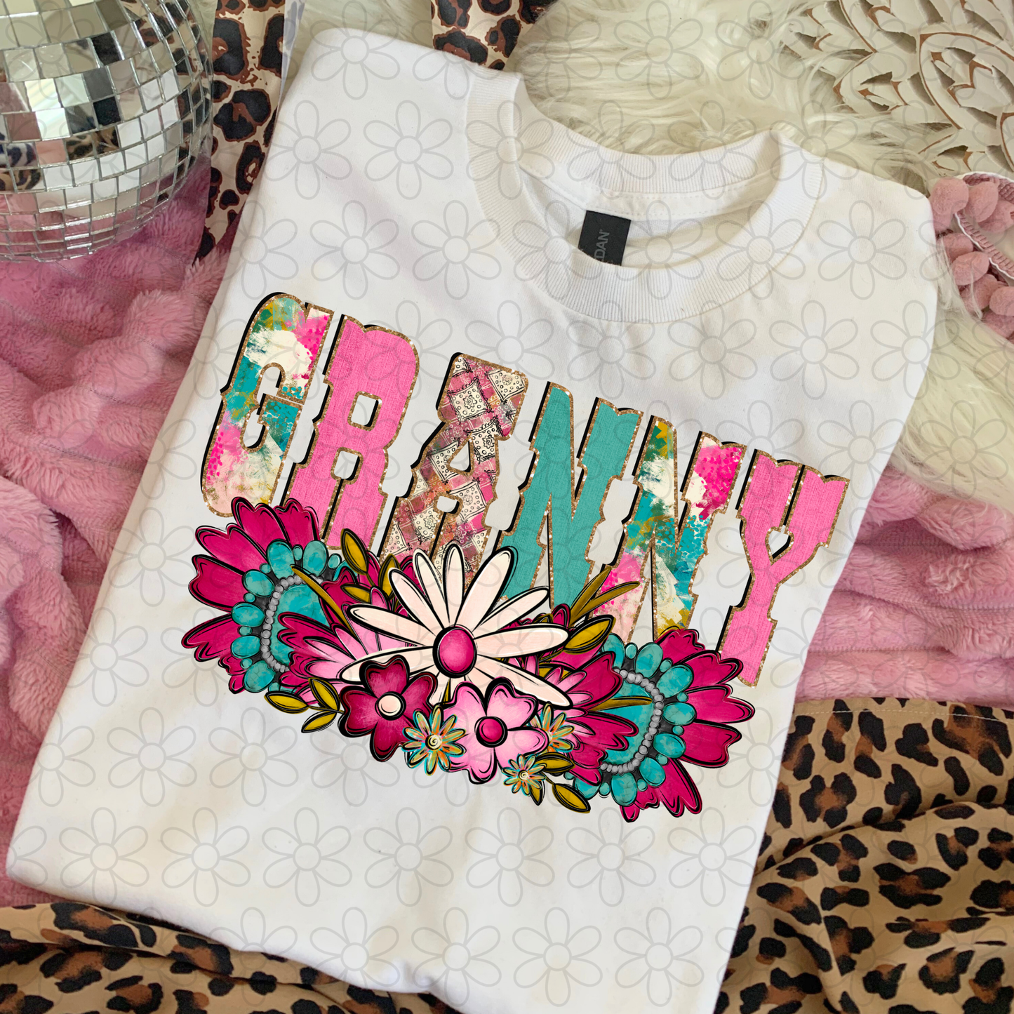 Pink Turquoise Flowers Name (Multiple Options) Completed Tee