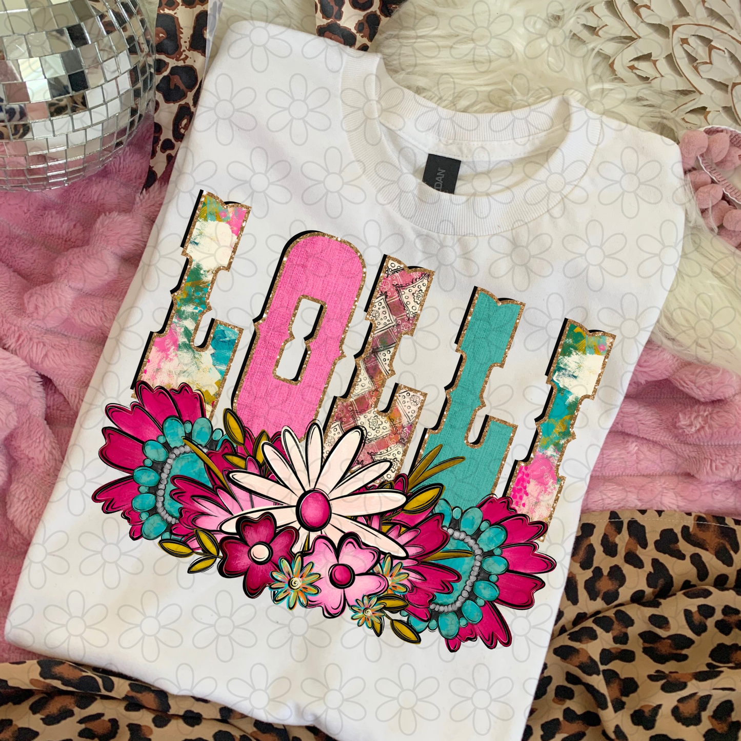 Pink Turquoise Flowers Name (Multiple Options) DTF Transfer