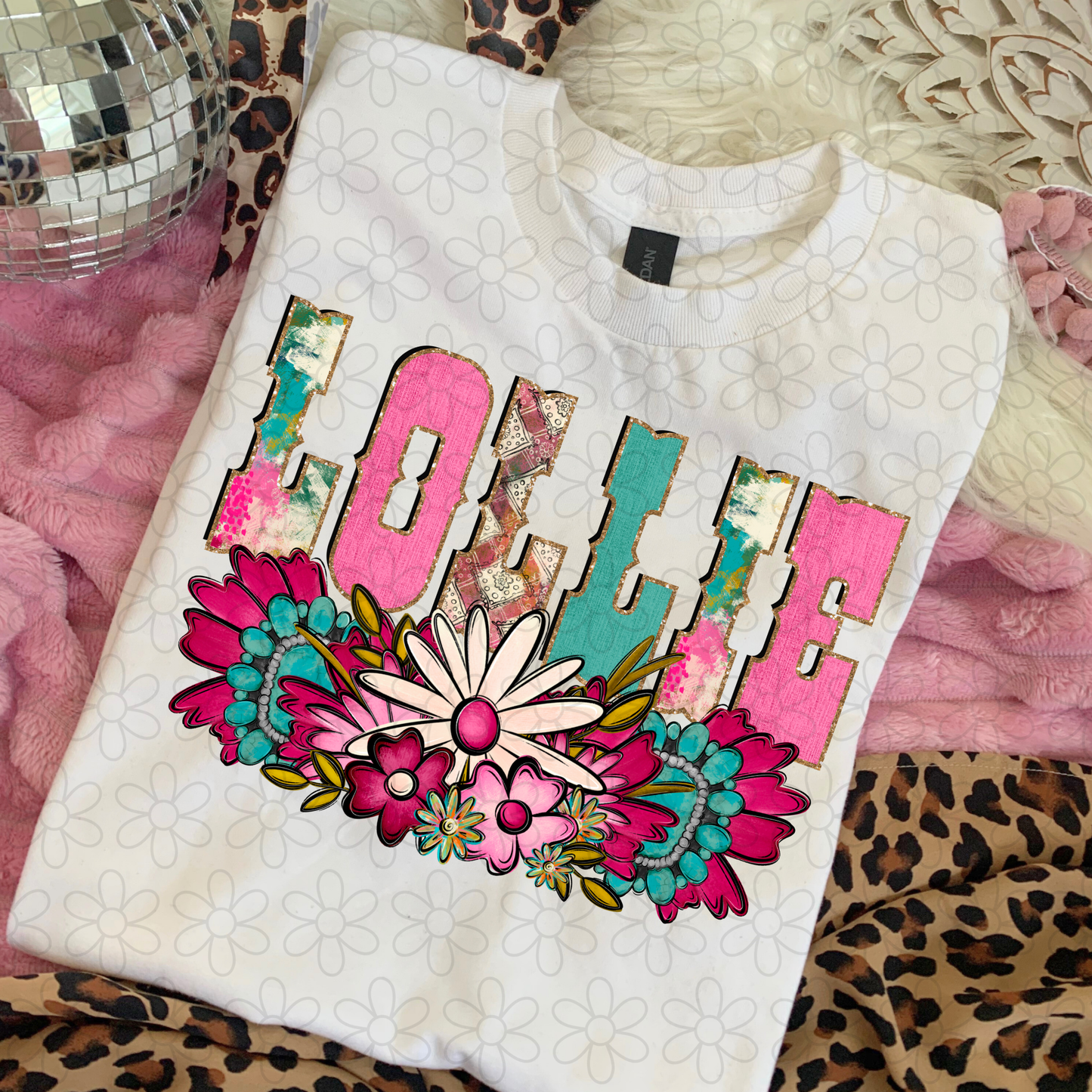 Pink Turquoise Flowers Name (Multiple Options) DTF Transfer