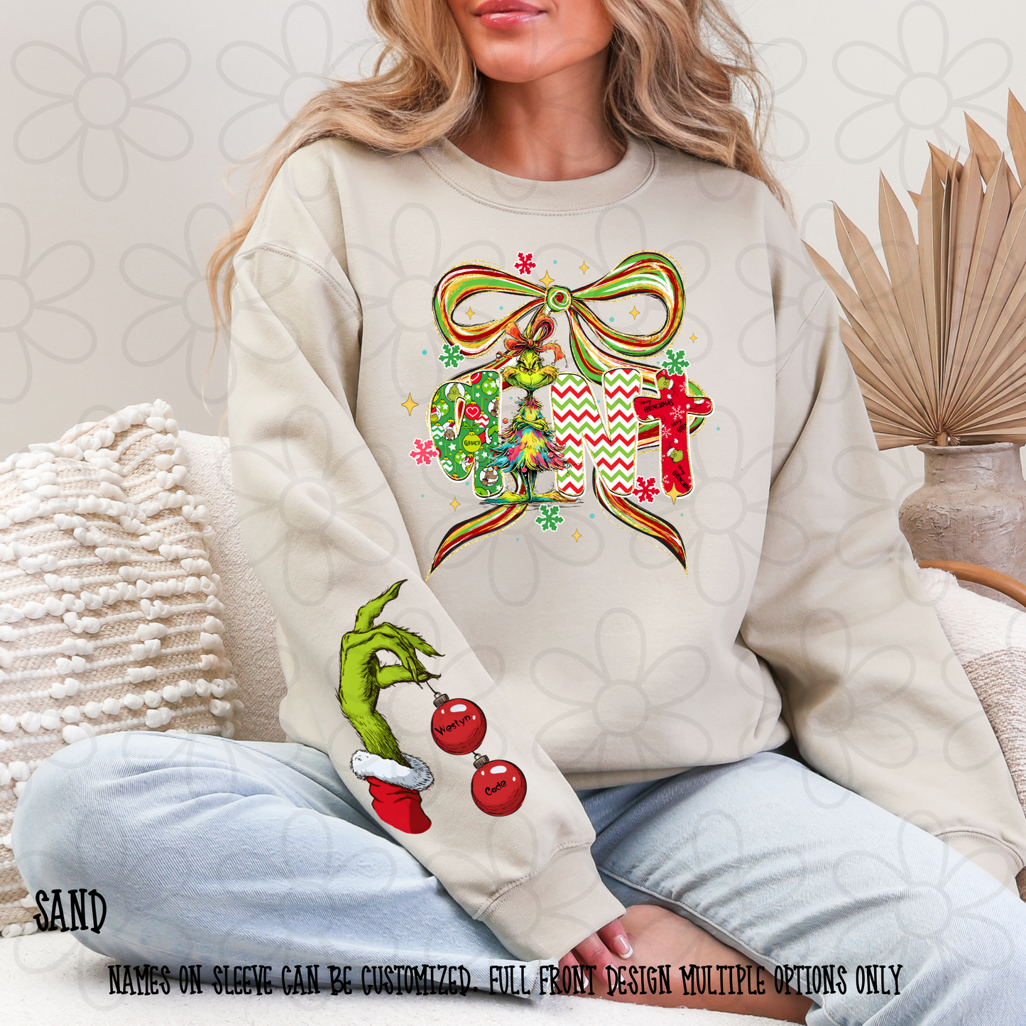 Christmas Watercolor Bow Grinch Name Custom Sleeve (Multiple Front Options) DTF Transfer