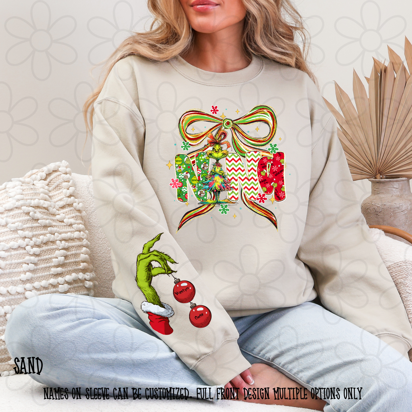 Christmas Watercolor Bow Grinch Name Custom Sleeve (Multiple Front Options) DTF Transfer