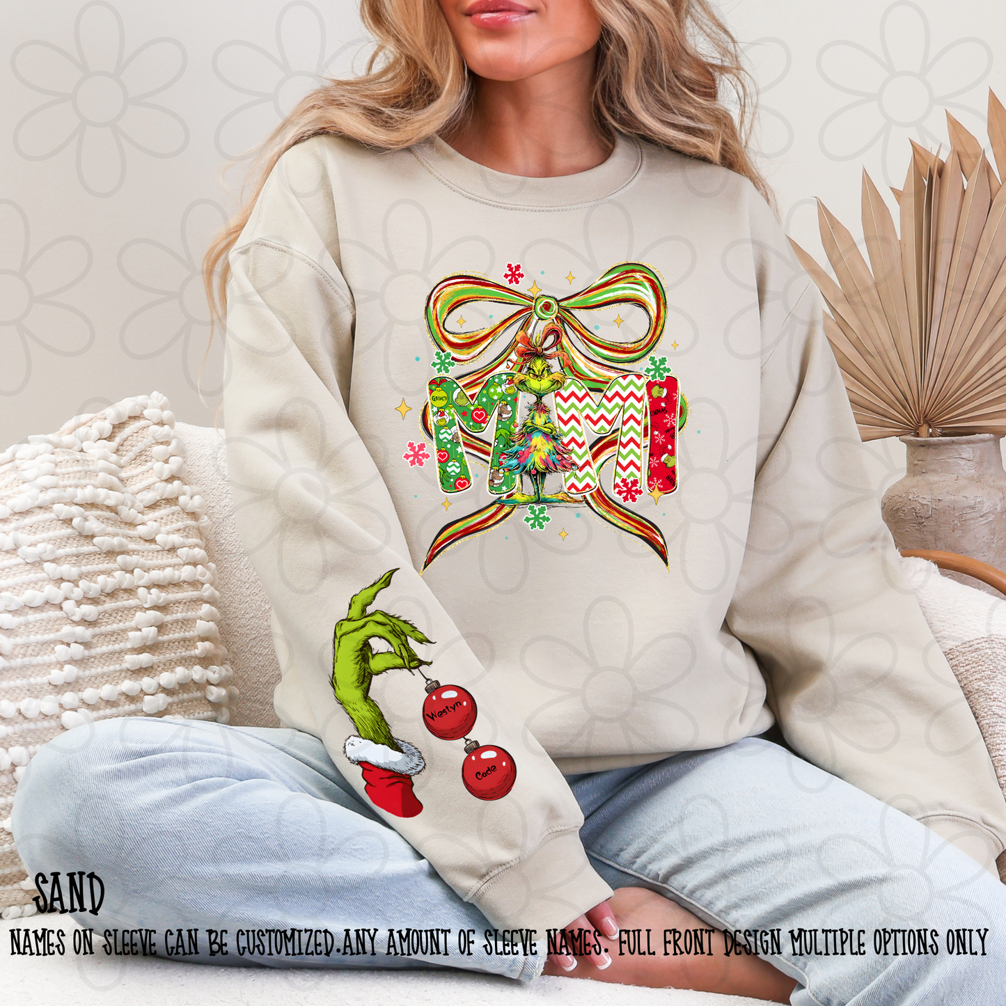 Christmas Watercolor Bow Grinch Name Custom Sleeve (Multiple Front Options) DTF Transfer