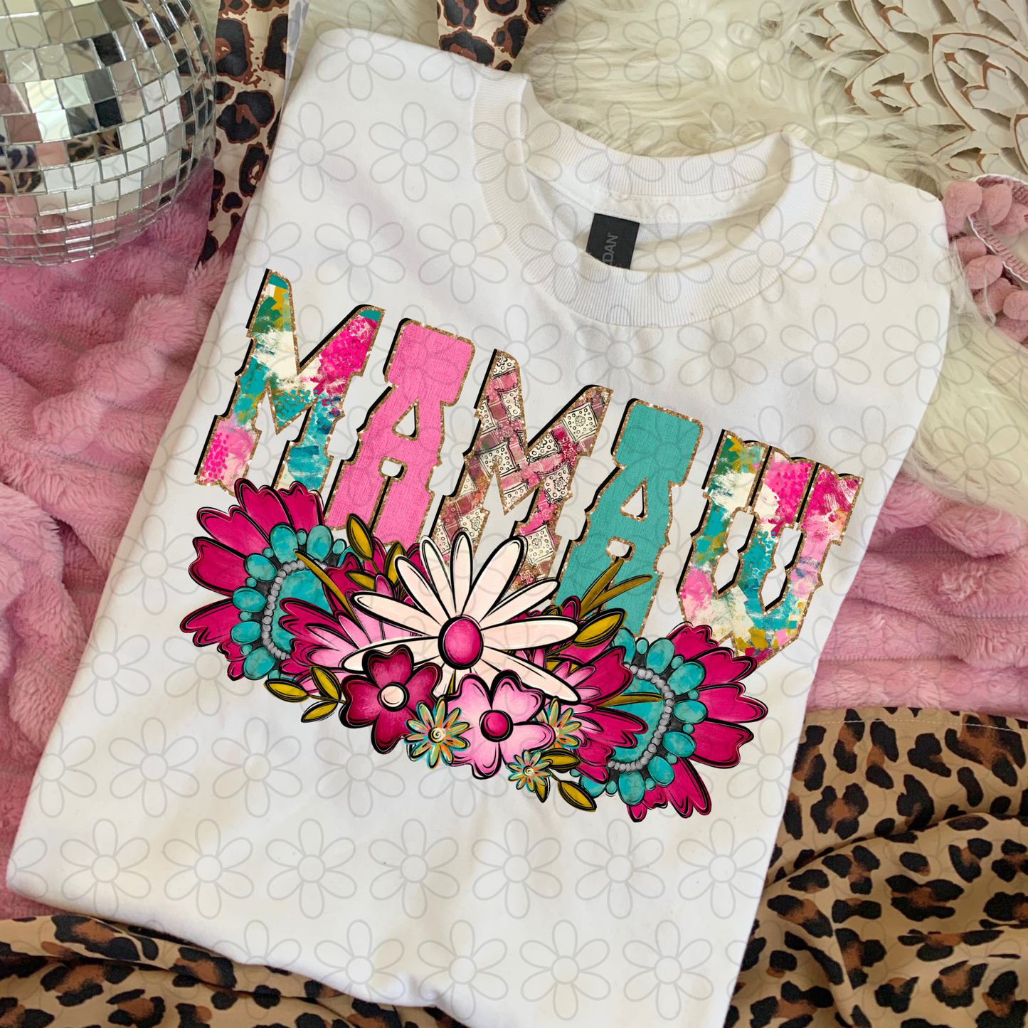Pink Turquoise Flowers Name (Multiple Options) Completed Tee