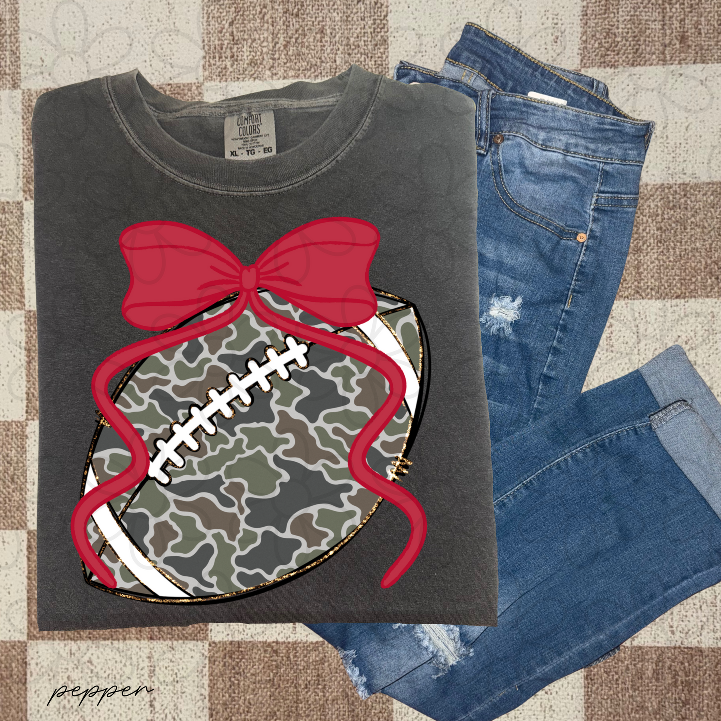Camo Football Colorful Bows (Multiple Options) Kids Completed Tee