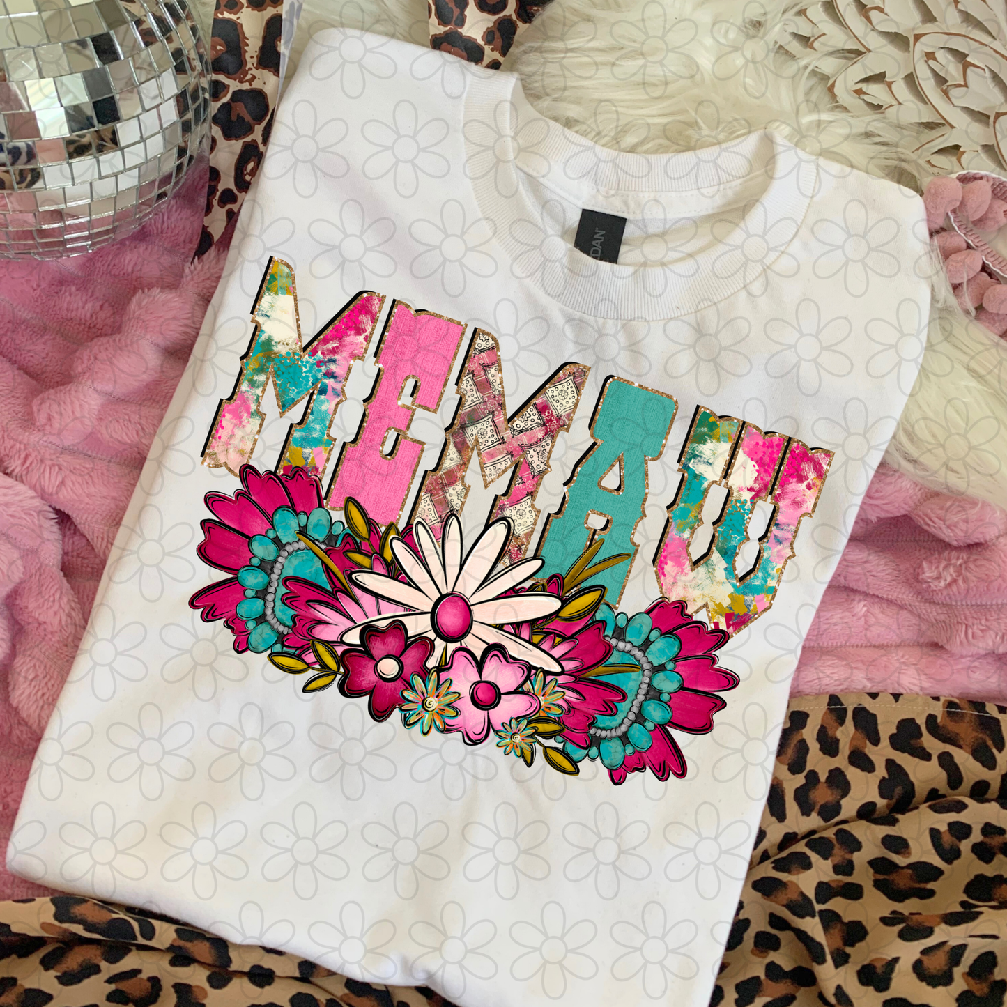 Pink Turquoise Flowers Name (Multiple Options) Completed Tee