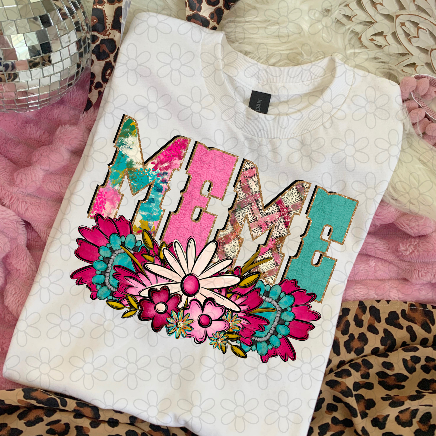 Pink Turquoise Flowers Name (Multiple Options) Completed Tee