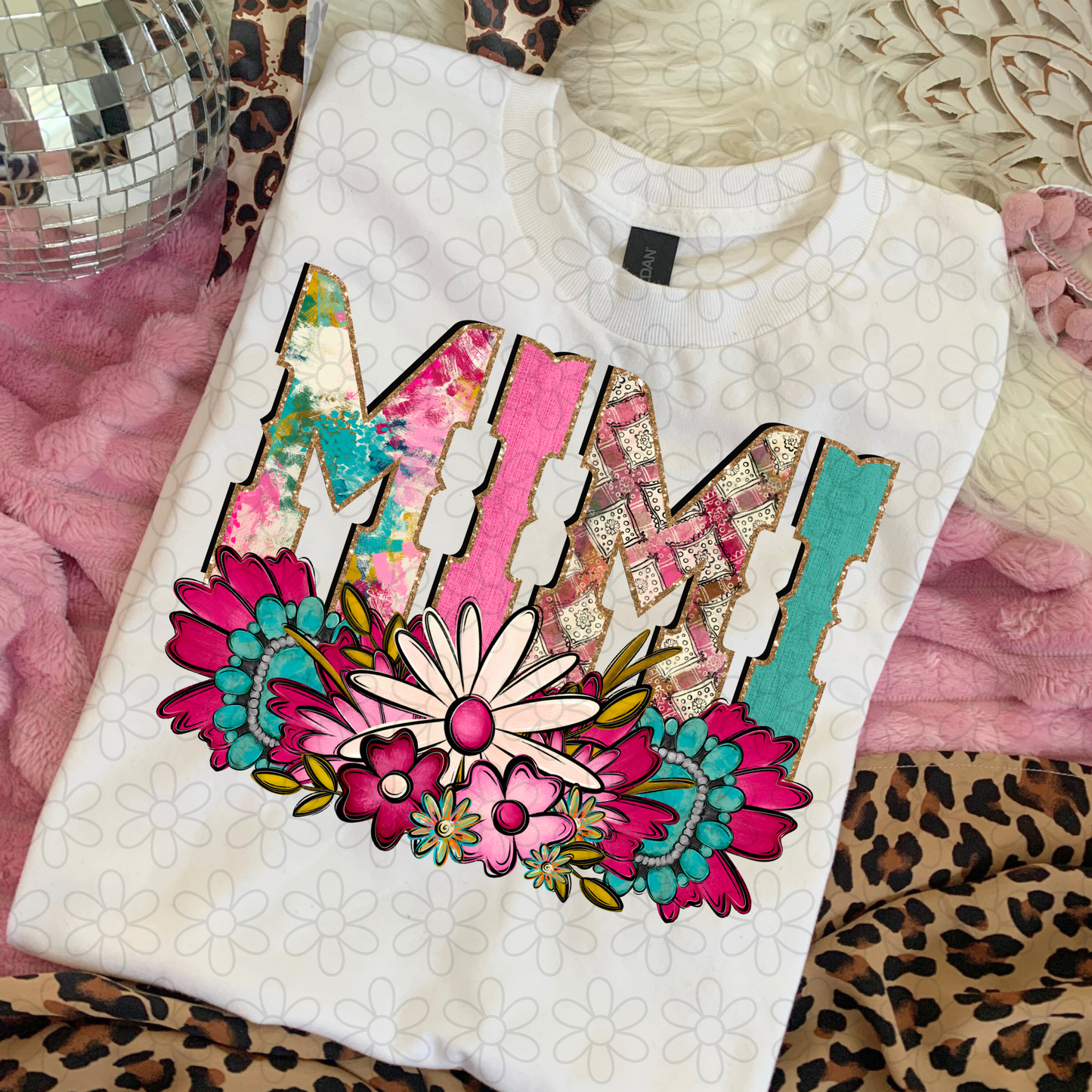 Pink Turquoise Flowers Name (Multiple Options) Completed Tee