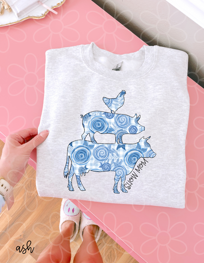 Blue Floral Chicken Pig Cow Show Mom Completed Tee