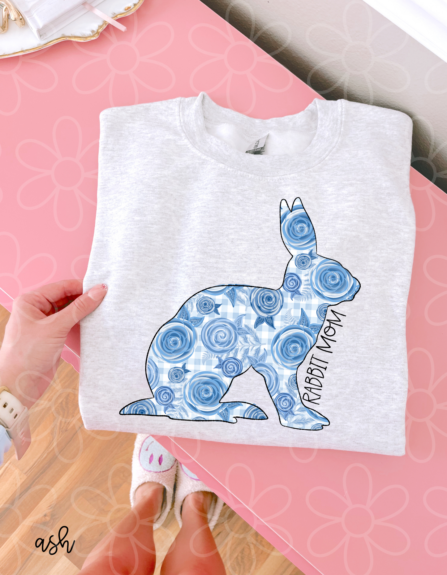 Blue Floral Rabbit Mom Completed Tee