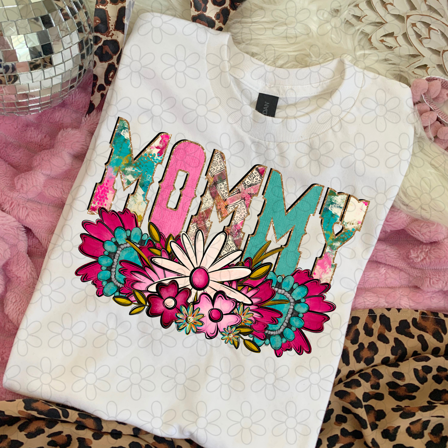 Pink Turquoise Flowers Name (Multiple Options) Completed Tee