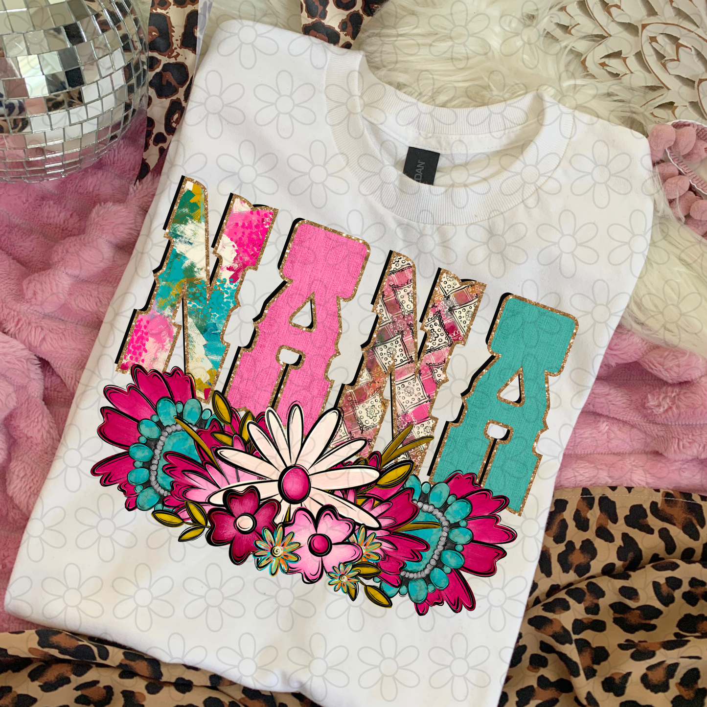 Pink Turquoise Flowers Name (Multiple Options) DTF Transfer