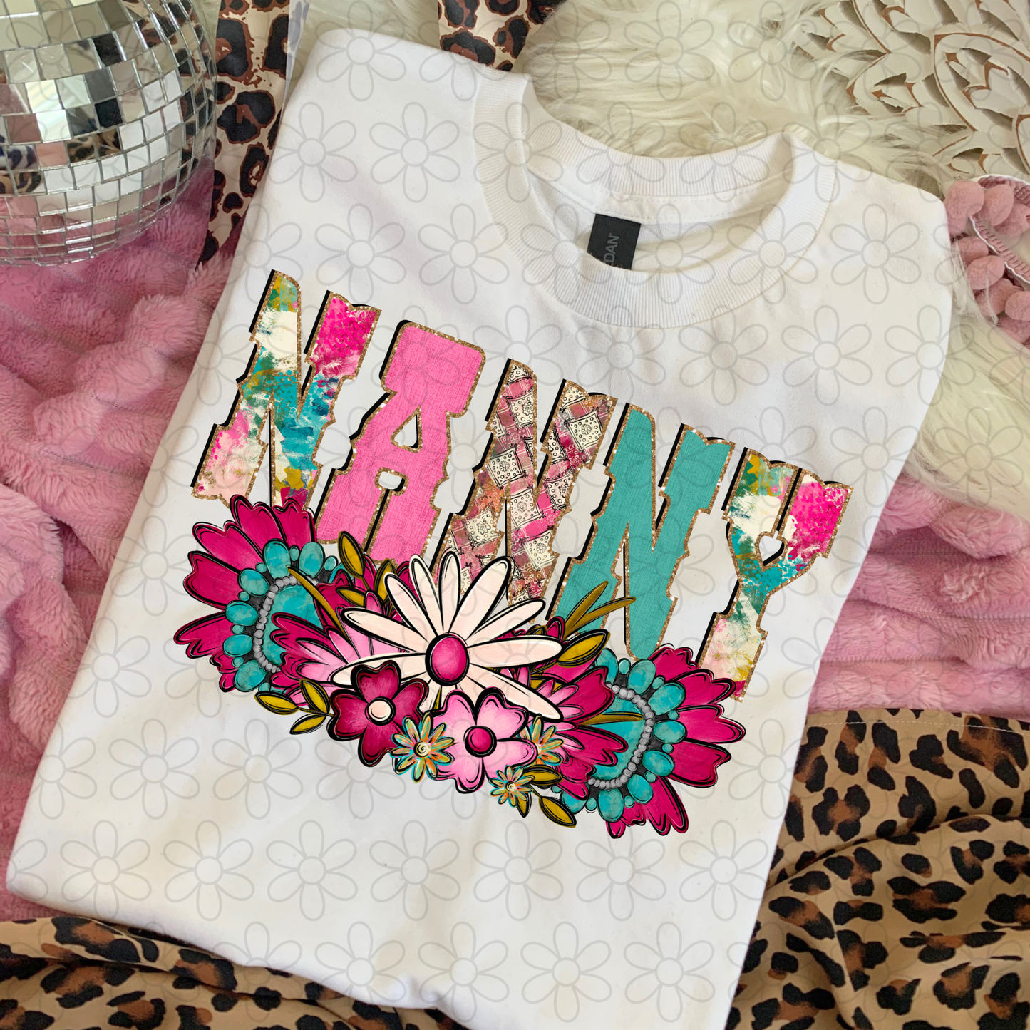 Pink Turquoise Flowers Name (Multiple Options) DTF Transfer