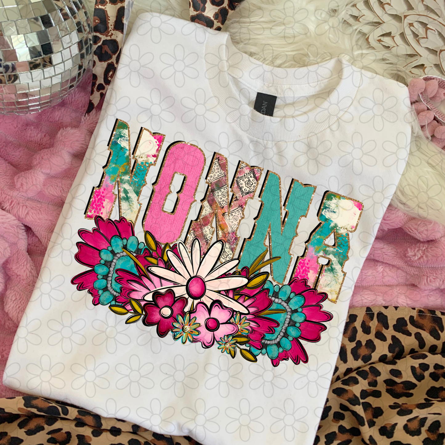 Pink Turquoise Flowers Name (Multiple Options) DTF Transfer