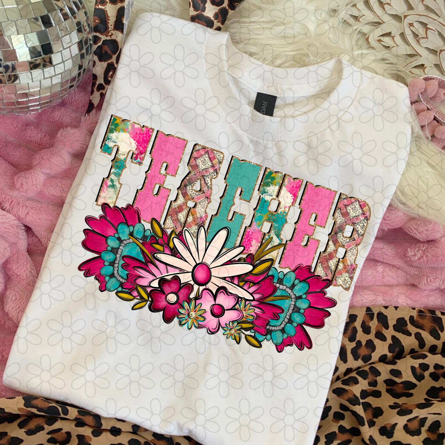 Pink Turquoise Flowers Name (Multiple Options) DTF Transfer