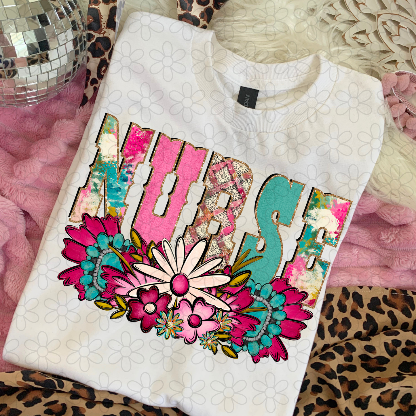 Pink Turquoise Flowers Name (Multiple Options) DTF Transfer