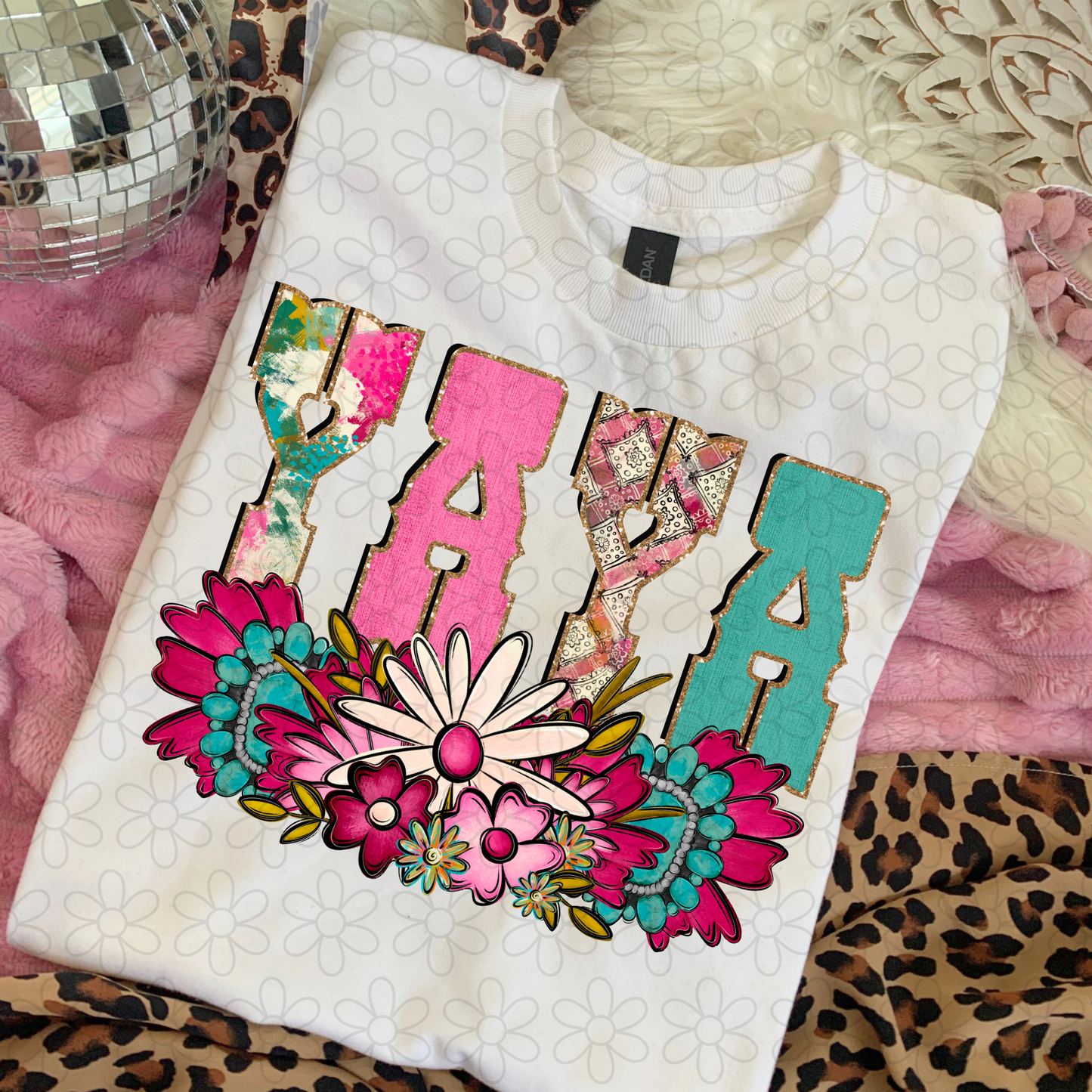 Pink Turquoise Flowers Name (Multiple Options) Completed Tee