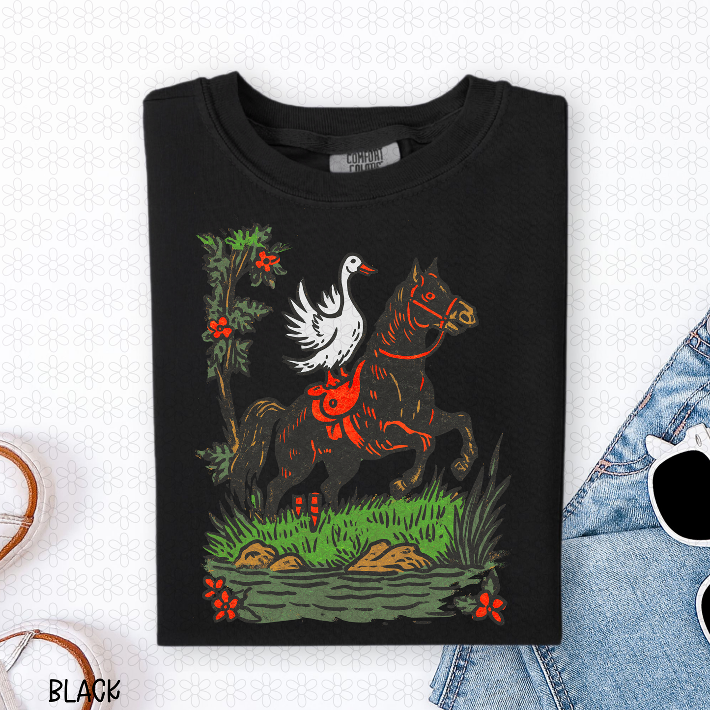 Retro Duck on Horse Completed Tee