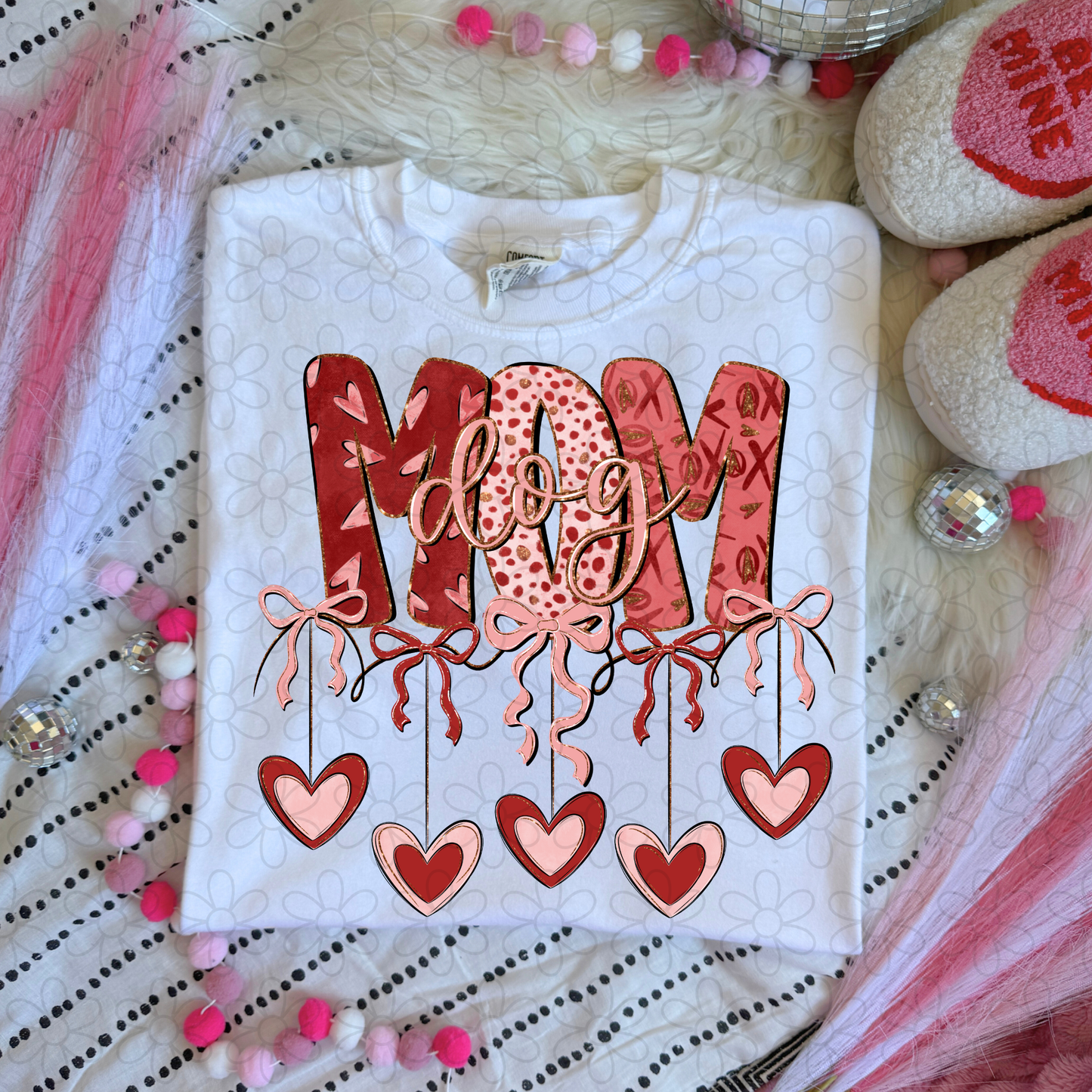 Valentines Hanging Hearts & Bows Name (Multiple Options) Completed Tee
