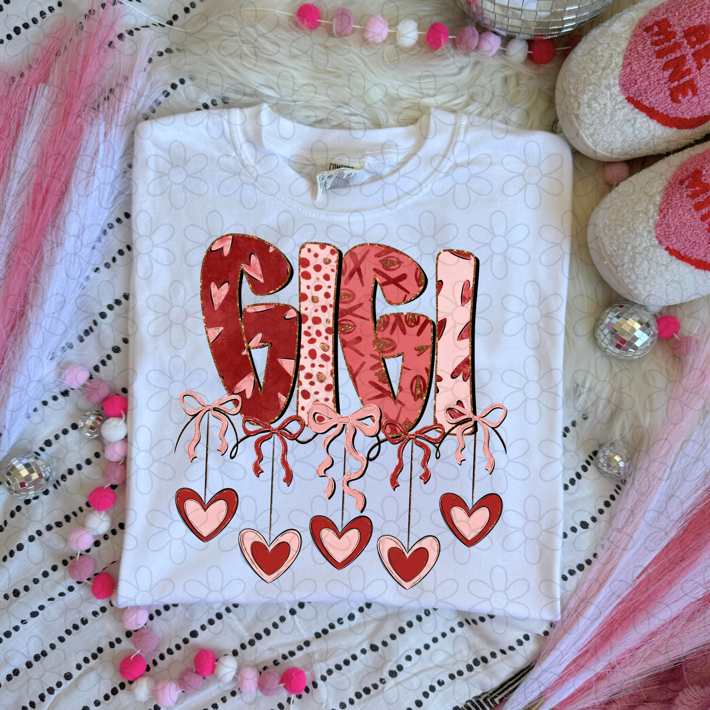 Valentines Hanging Hearts & Bows Name (Multiple Options) Completed Tee