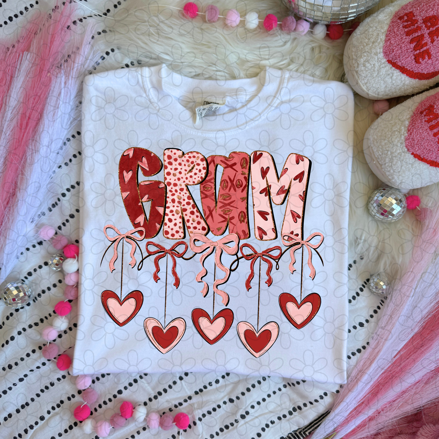 Valentines Hanging Hearts & Bows Name (Multiple Options) Completed Tee