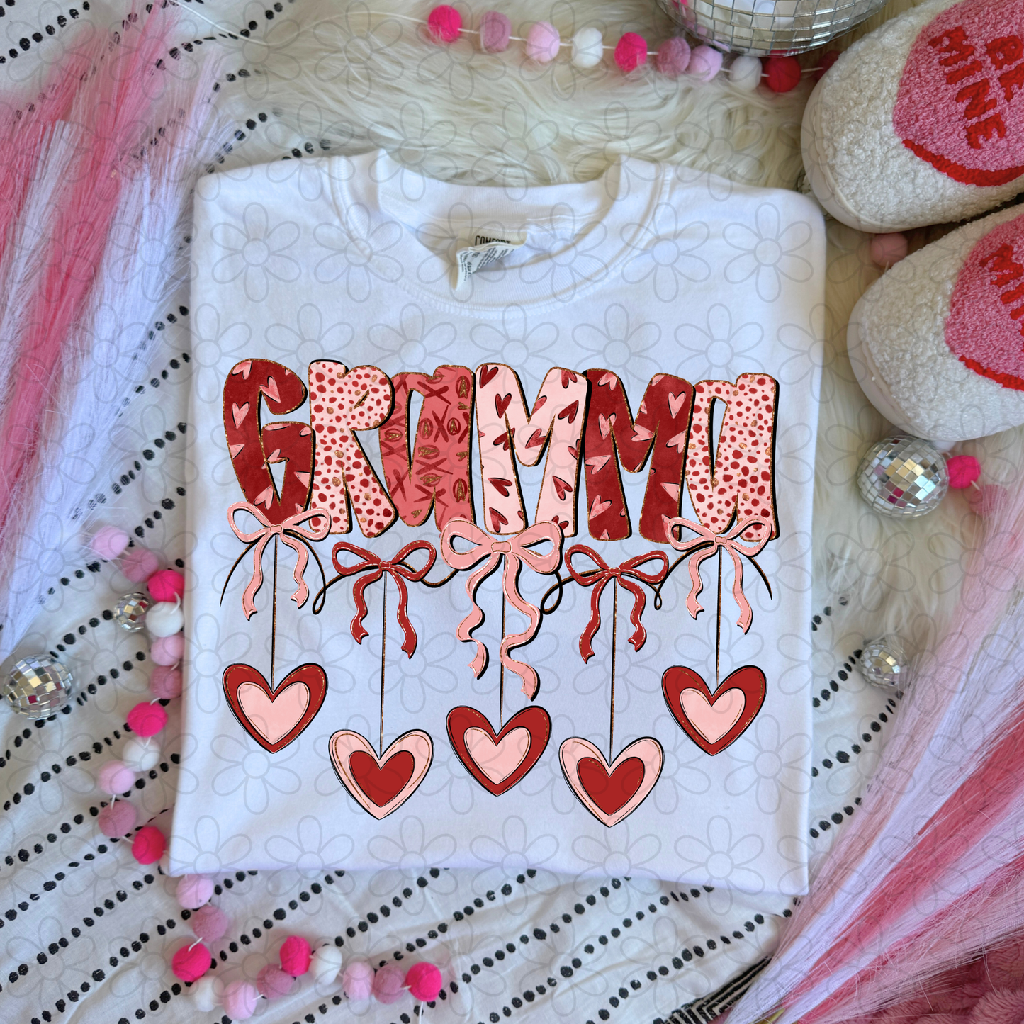 Valentines Hanging Hearts & Bows Name (Multiple Options) Completed Tee