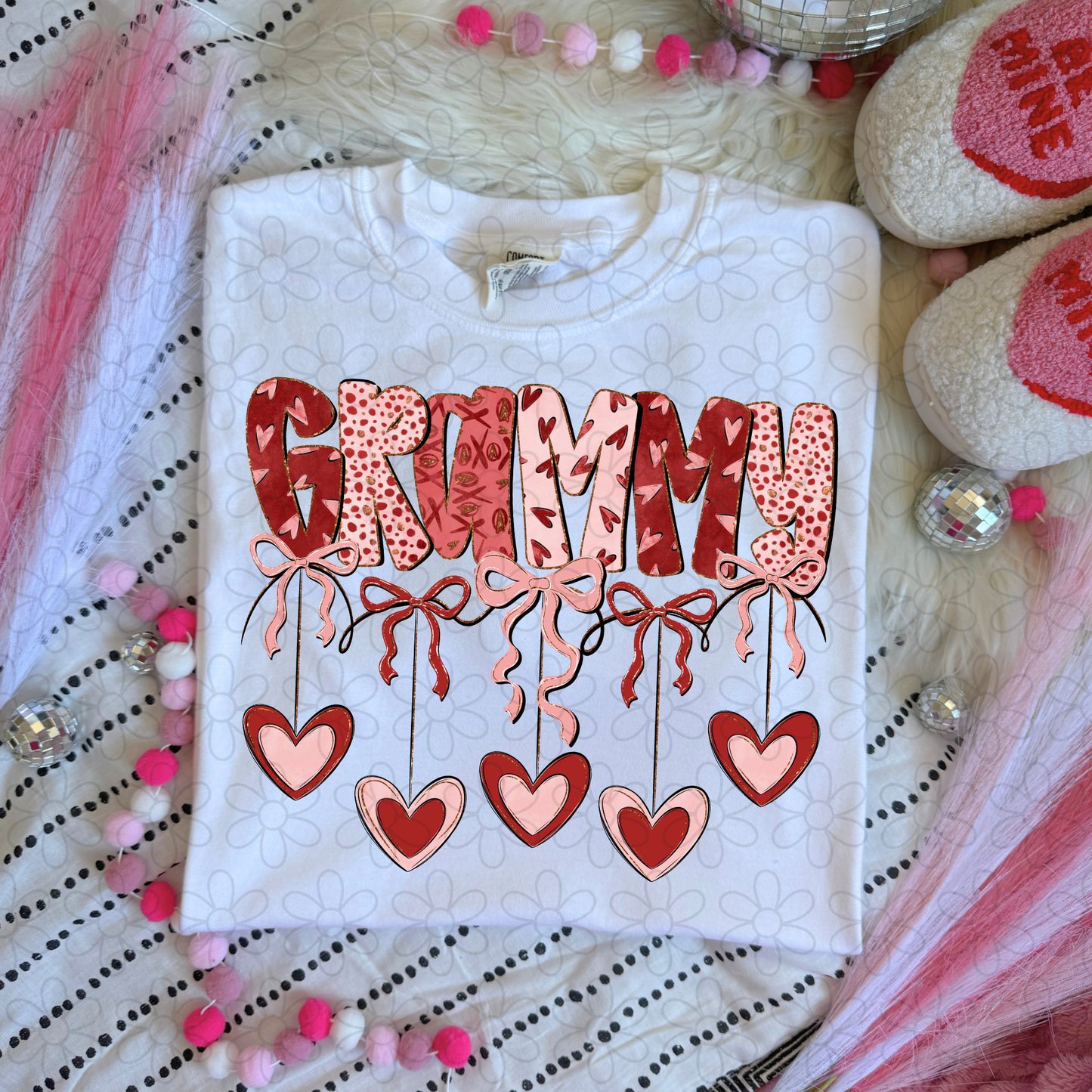 Valentines Hanging Hearts & Bows Name (Multiple Options) Completed Tee
