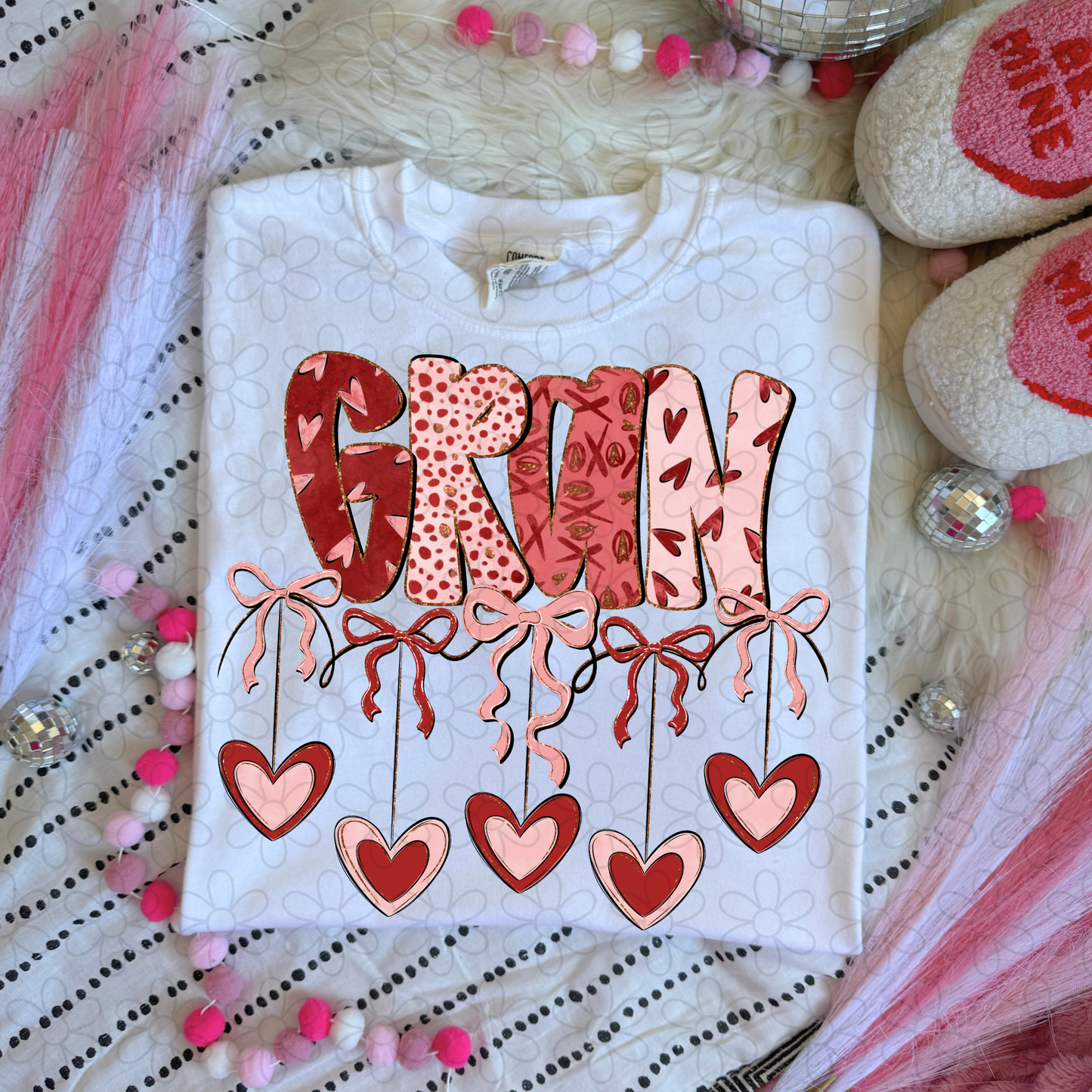 Valentines Hanging Hearts & Bows Name (Multiple Options) Completed Tee