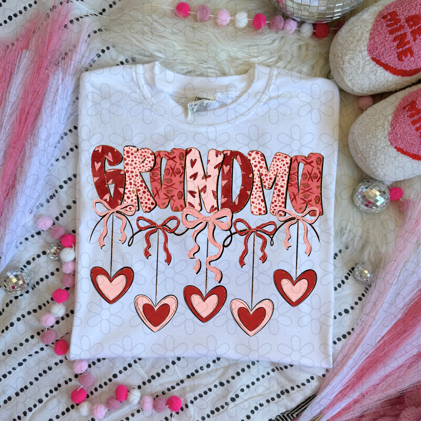 Valentines Hanging Hearts & Bows Name (Multiple Options) Completed Tee