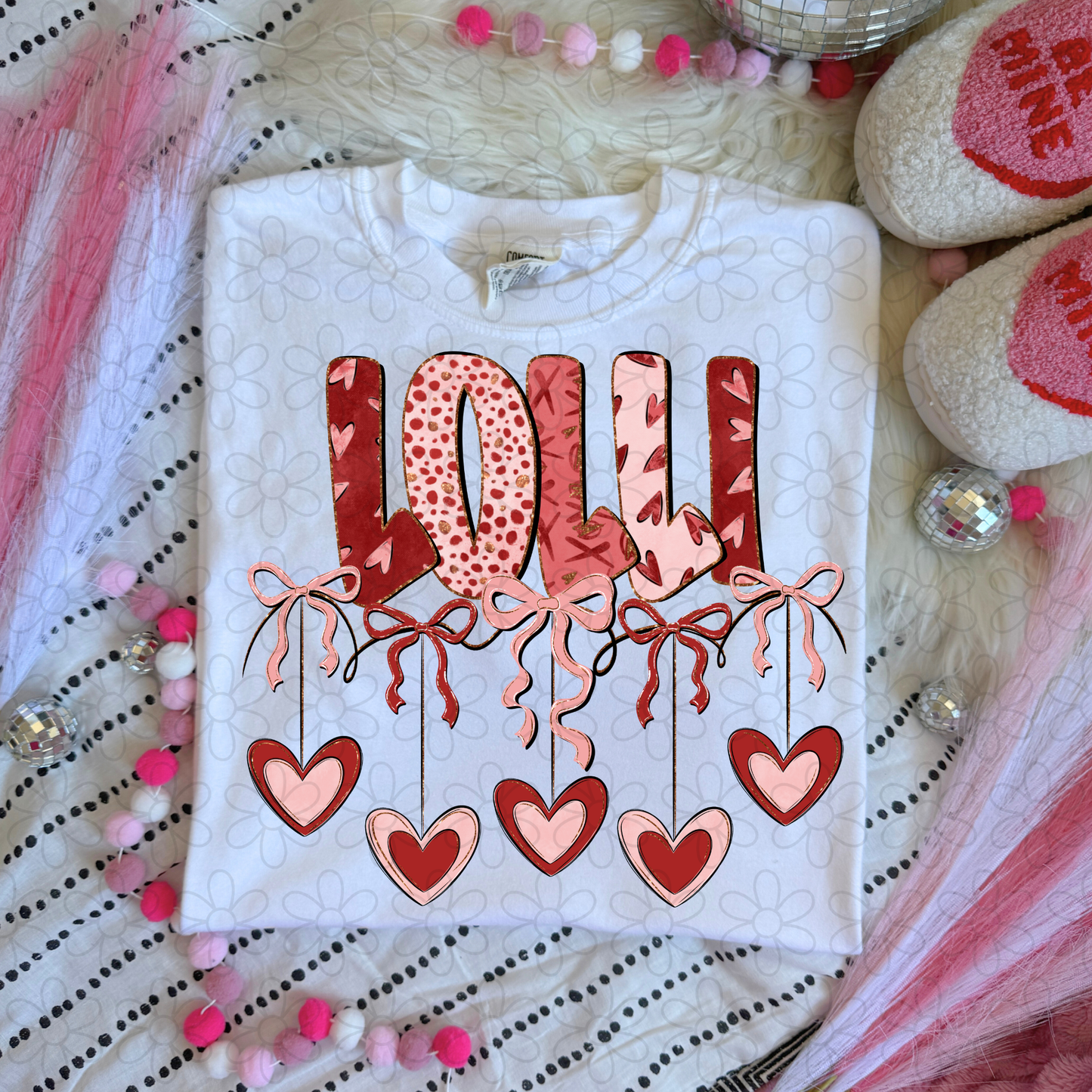 Valentines Hanging Hearts & Bows Name (Multiple Options) Completed Tee