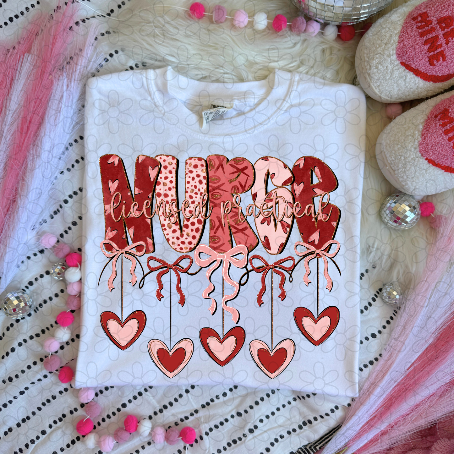 Valentines Hanging Hearts & Bows Name (Multiple Options) Completed Tee