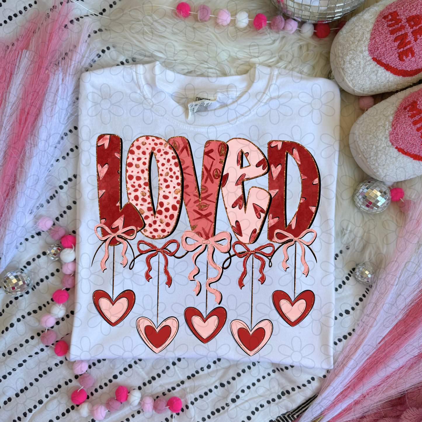 Valentines Hanging Hearts & Bows Name (Multiple Options) Completed Tee