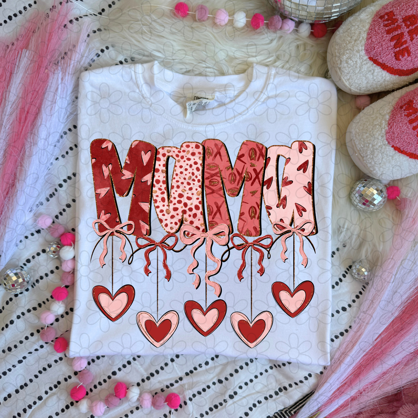 Valentines Hanging Hearts & Bows Name (Multiple Options) Completed Tee