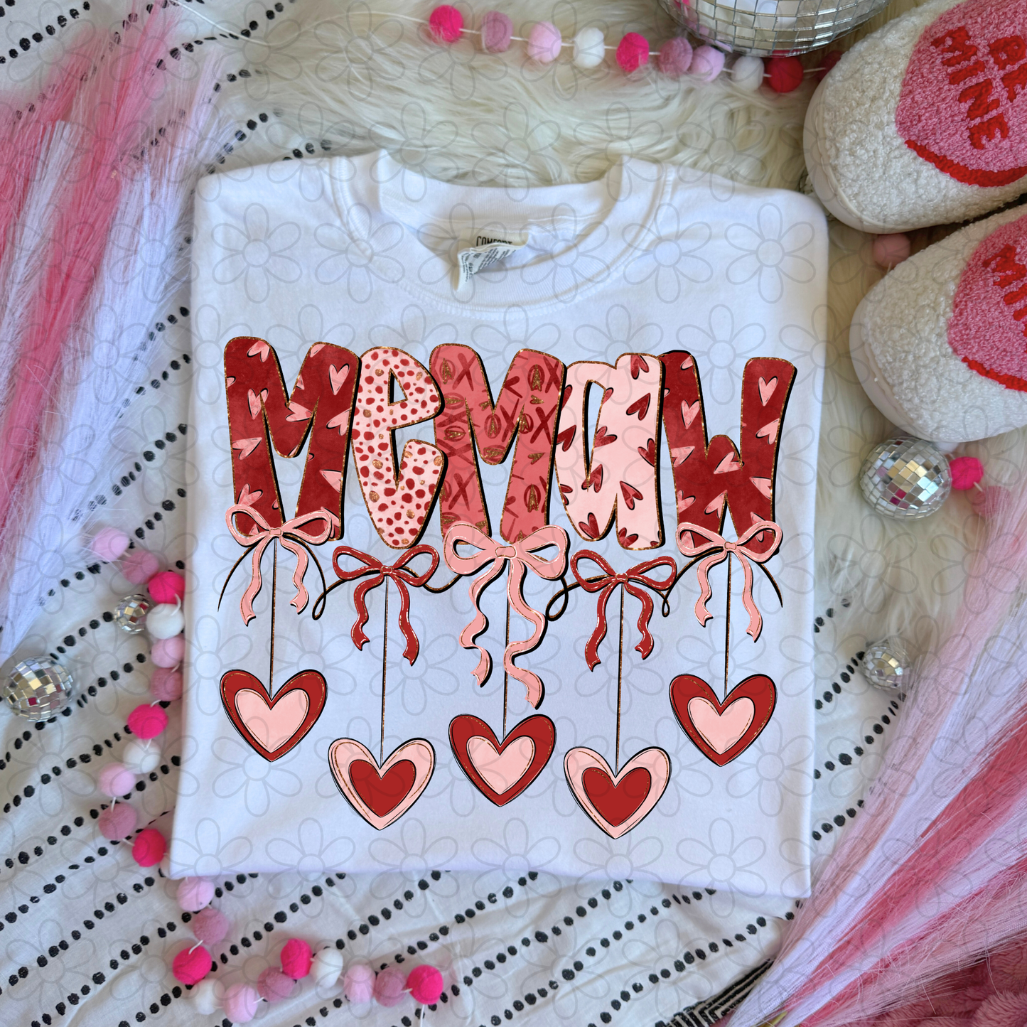 Valentines Hanging Hearts & Bows Name (Multiple Options) Completed Tee