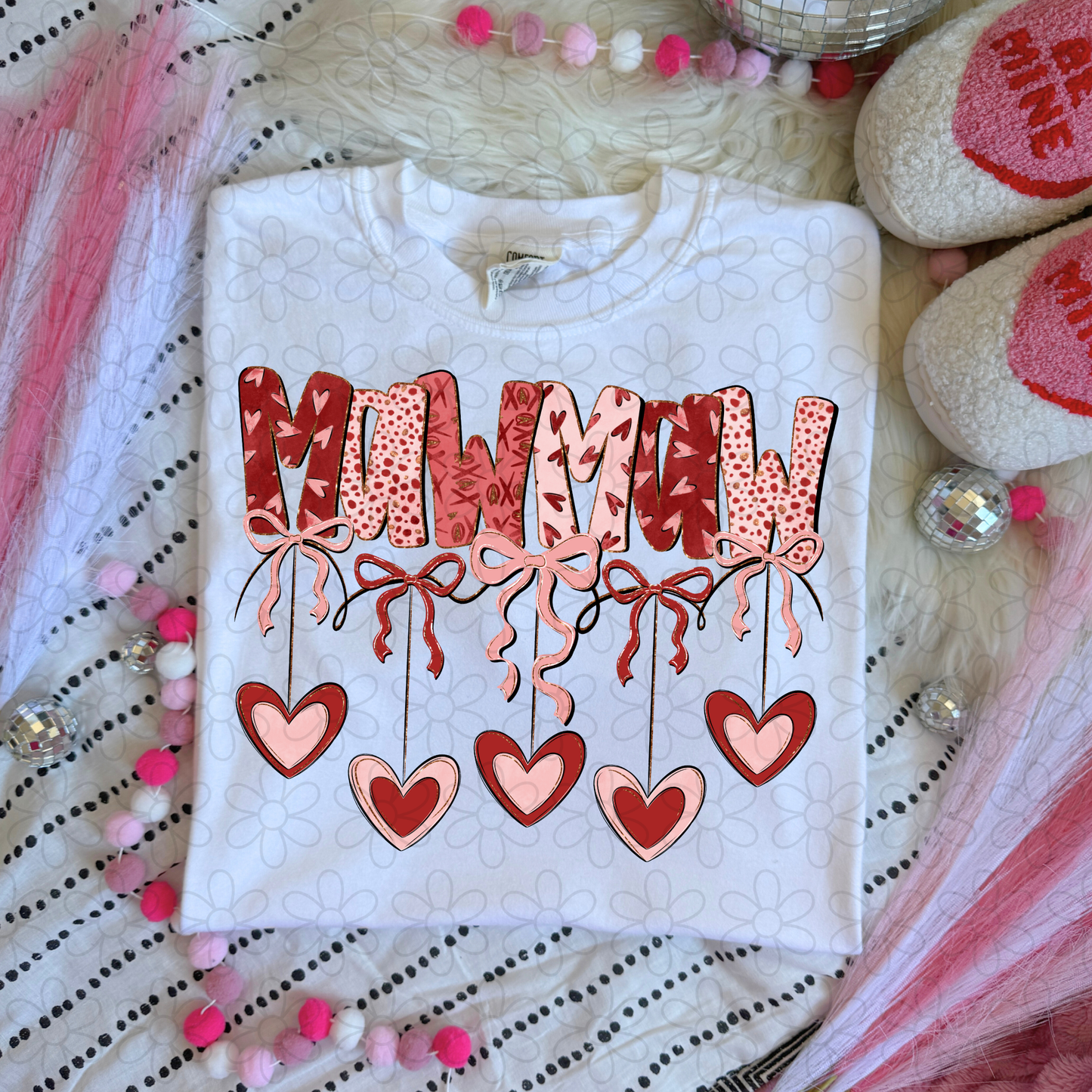 Valentines Hanging Hearts & Bows Name (Multiple Options) Completed Tee