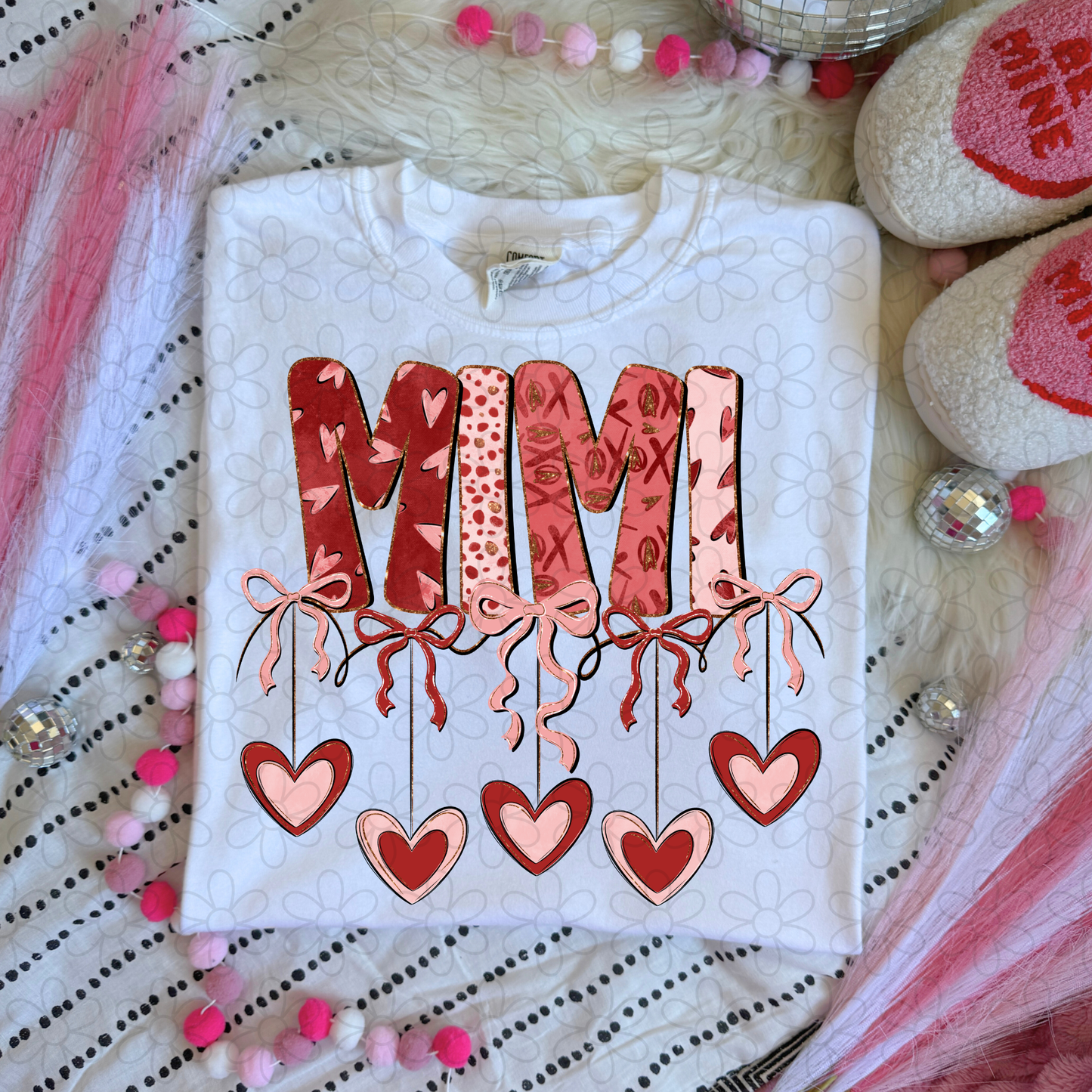 Valentines Hanging Hearts & Bows Name (Multiple Options) Completed Tee