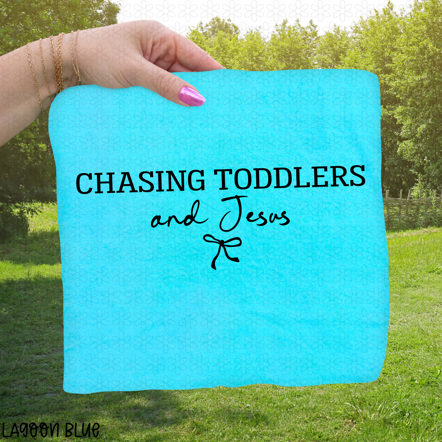 Simple Bow Chasing Toddlers and Jesus - Black Completed Tee