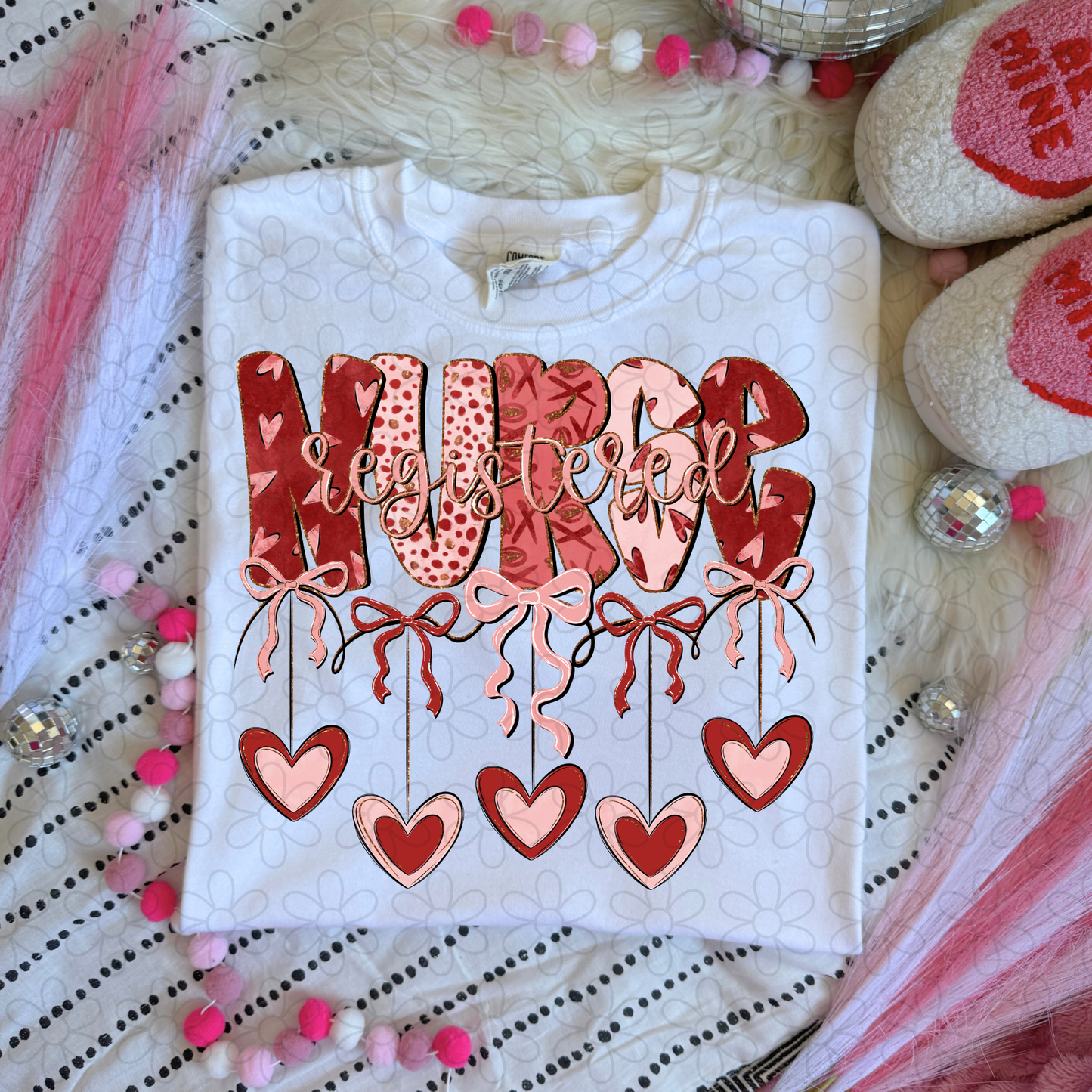 Valentines Hanging Hearts & Bows Name (Multiple Options) Completed Tee