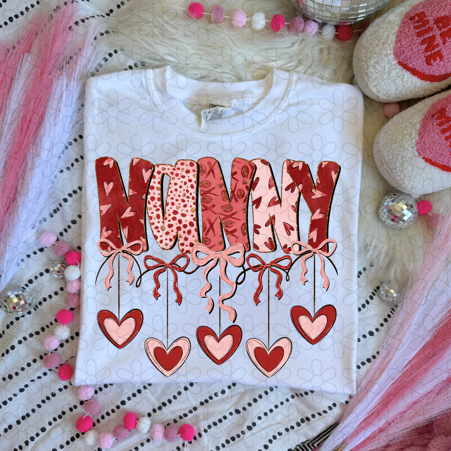 Valentines Hanging Hearts & Bows Name (Multiple Options) Completed Tee