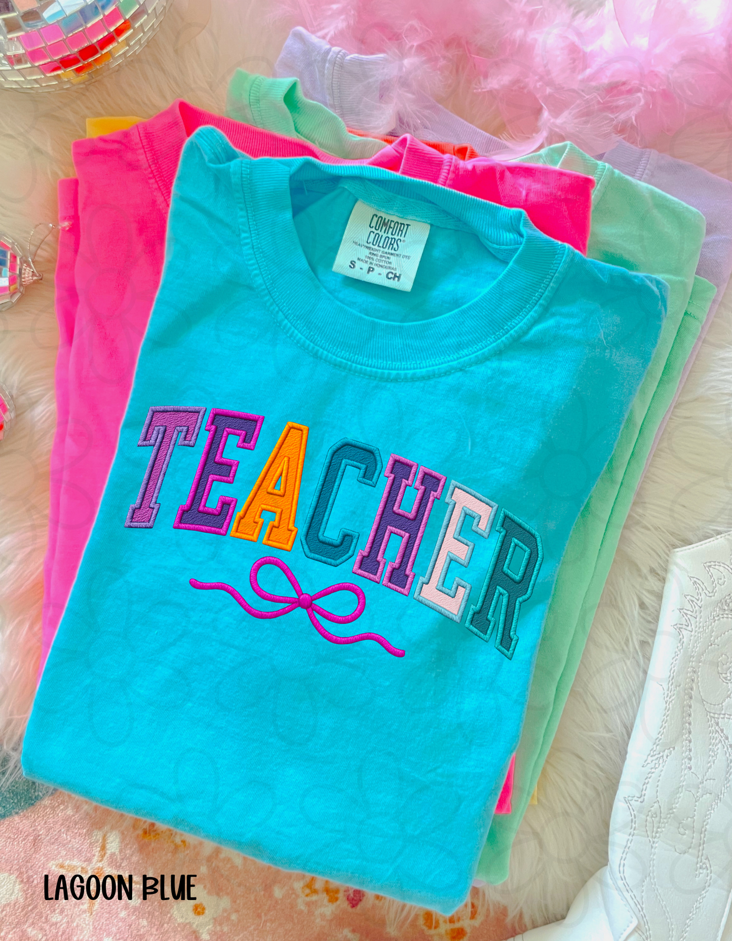 Multicolor Teacher Pink Bow DTF Transfer