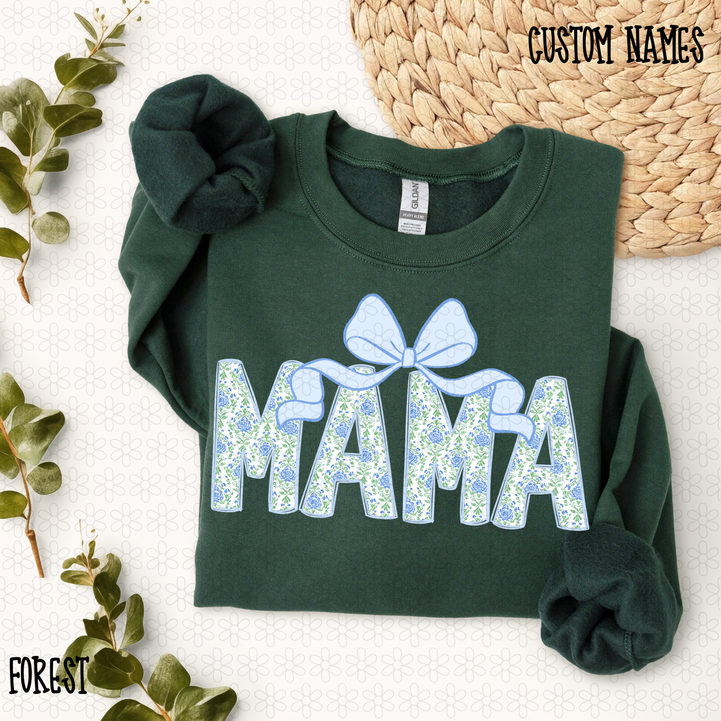 Blue Floral Bow Custom Name Kids Completed Tee