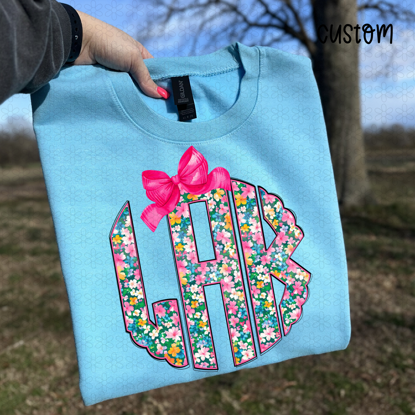 Floral Pink Bow Monogram Completed Tee
