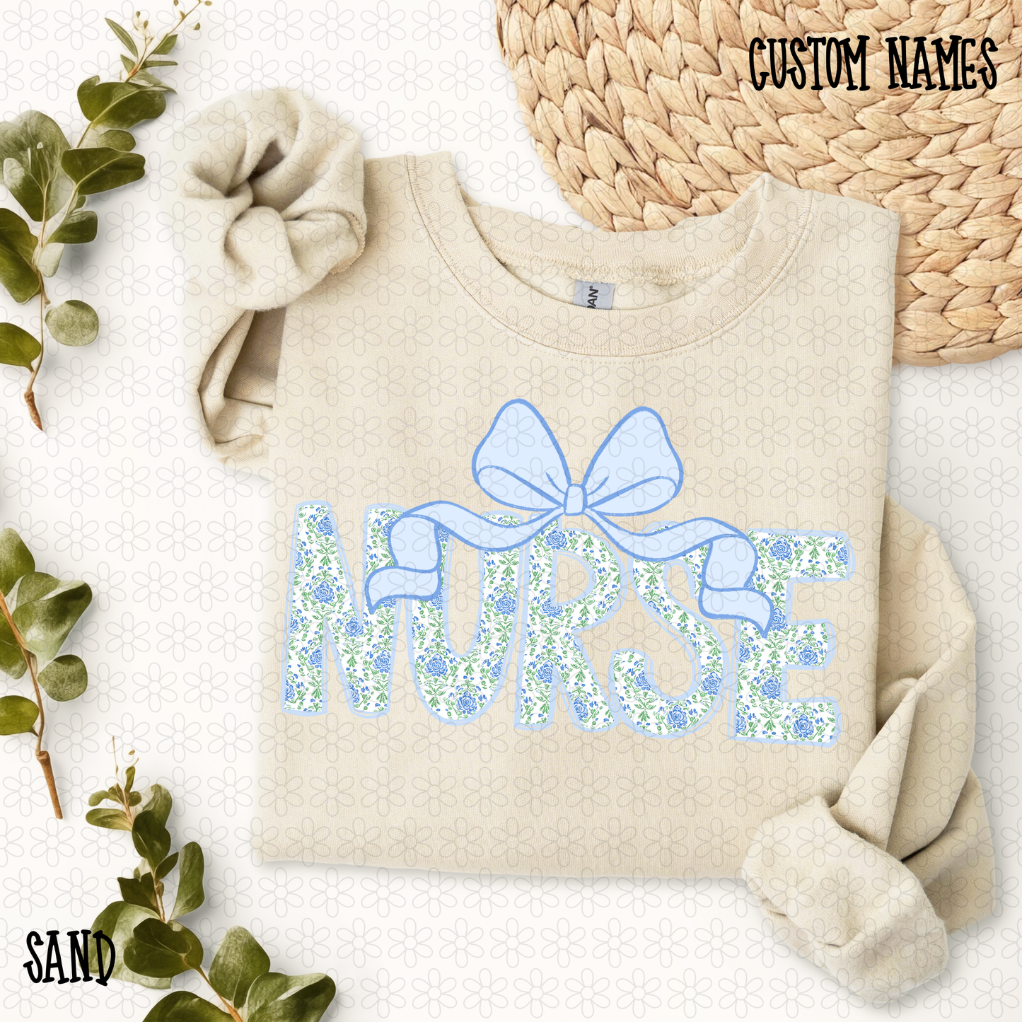 Blue Floral Bow Custom Name Completed Tee