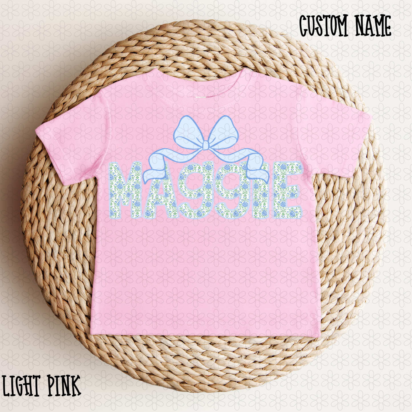 Blue Floral Bow Custom Name Completed Tee