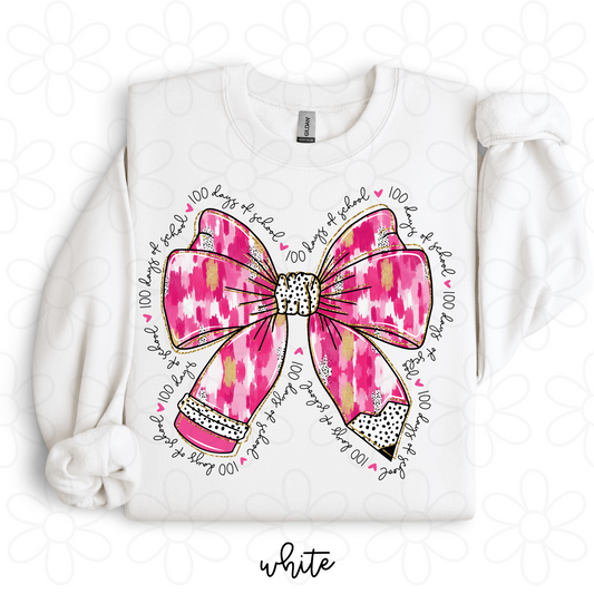 100 Days Of School Pink Pencil Bow Completed Tee